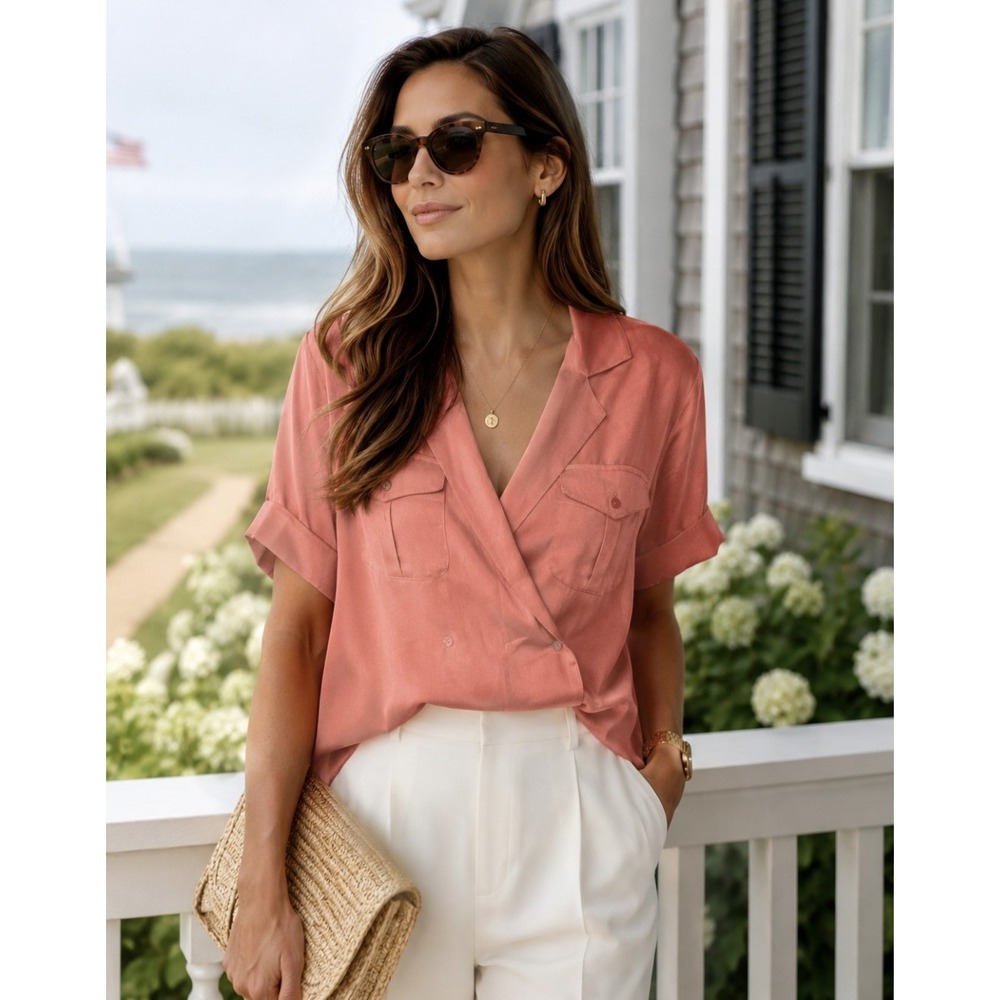Dolan Left Coast Collection Dusty Rose Satin Wrap Front Short Sleeve Blouse M